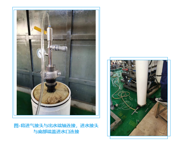 將進(jìn)氣接頭與出水端軸連接，進(jìn)水接頭與底部端蓋進(jìn)水口連接